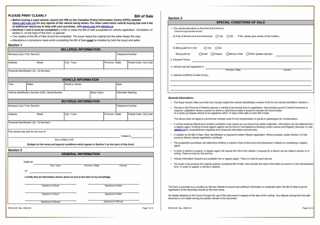 Alberta Bill of Sale Car PDF