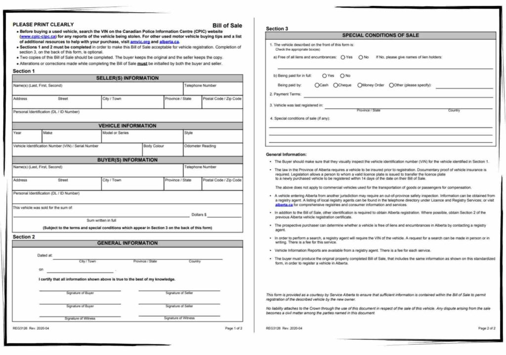 Alberta Bill of Sale For Vehicle