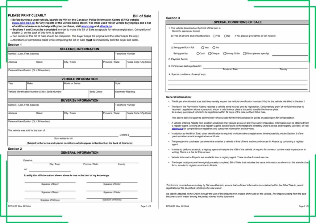 Alberta Bill Of Sale