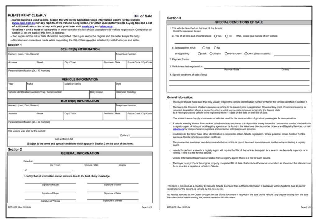 Alberta Motor Vehicle Bill of Sale PDF