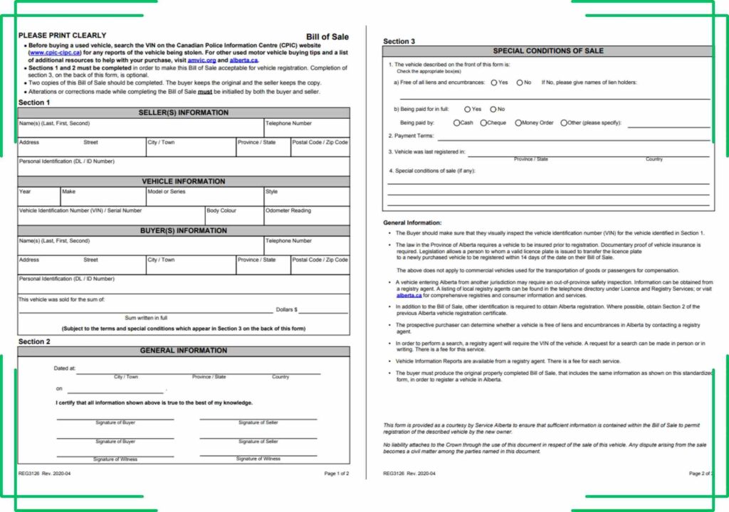 Alberta Motor Vehicle Bill of Sale PDF