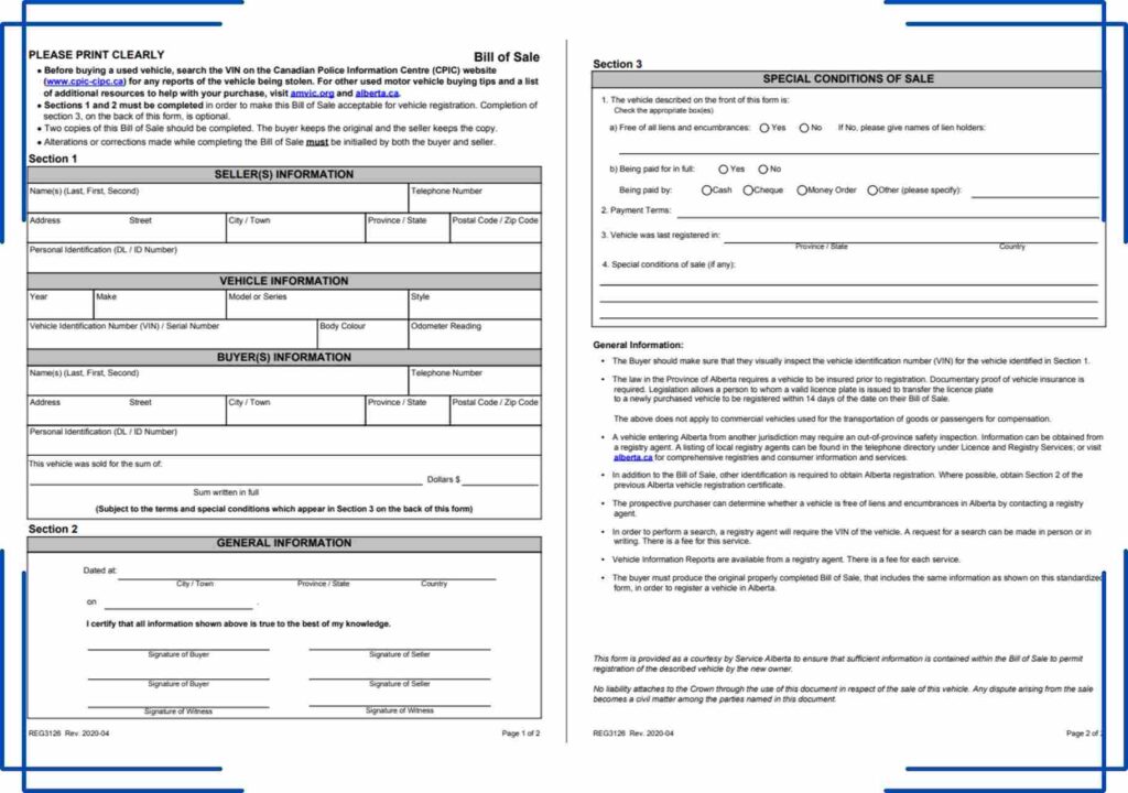 Alberta Motor Vehicle Bill of Sale Template