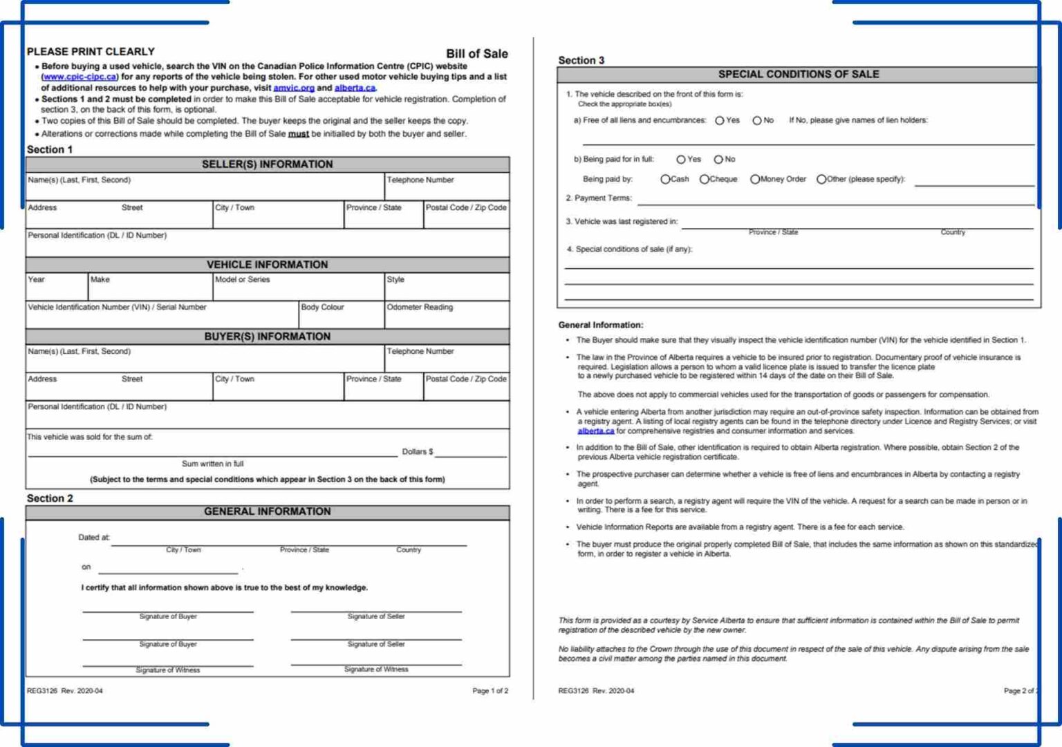 Alberta Motor Vehicle Bill of Sale [Template, PDF] Print Alberta Bill