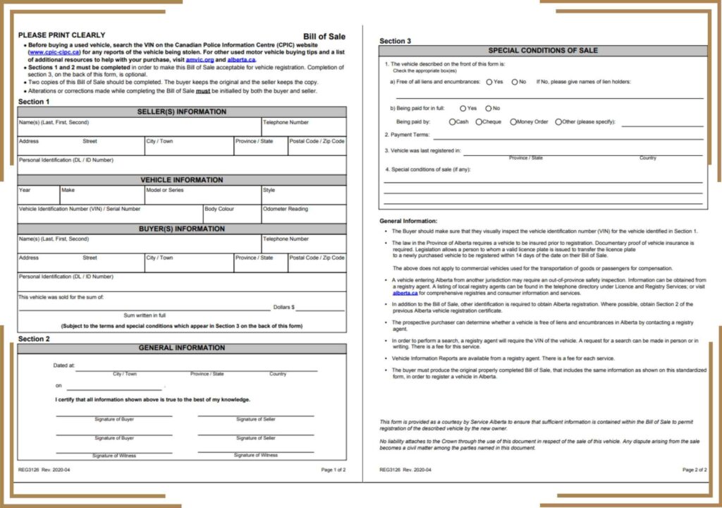 Alberta Vehicle Bill of Sale