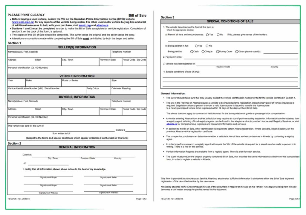 Bill of Sale Form Alberta PDF