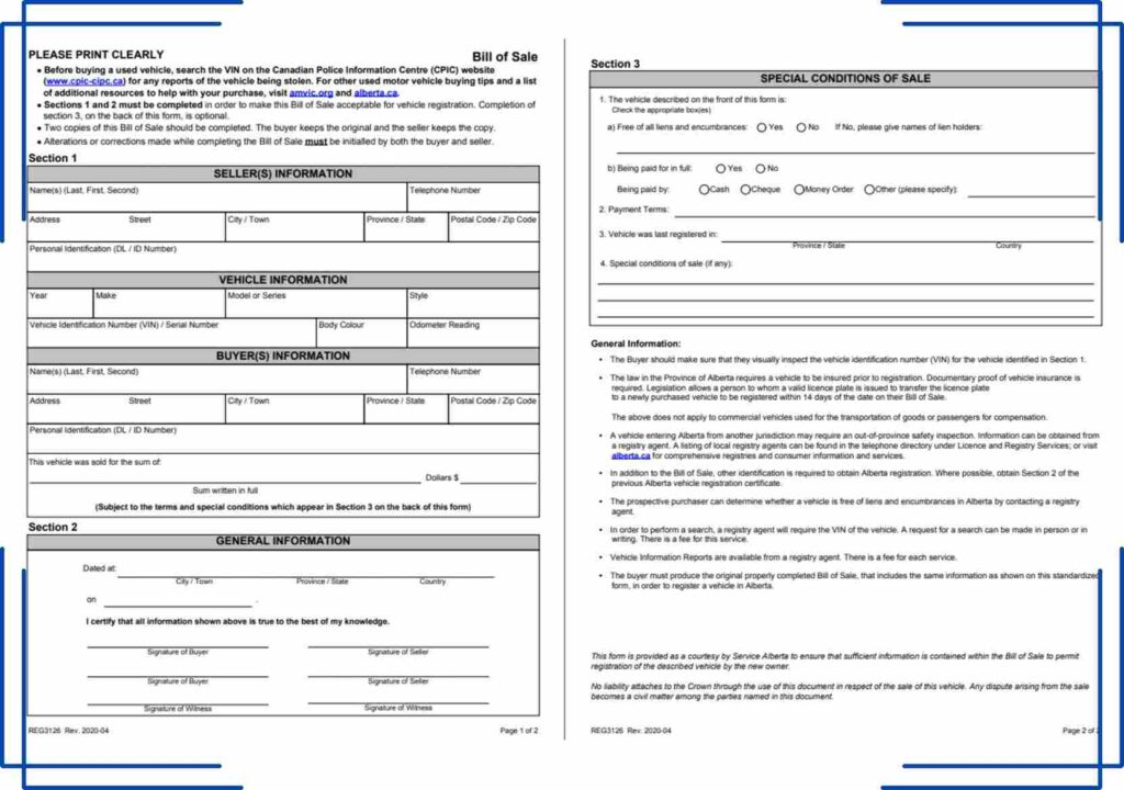 Free Alberta Vehicle Bill of Sale Printable