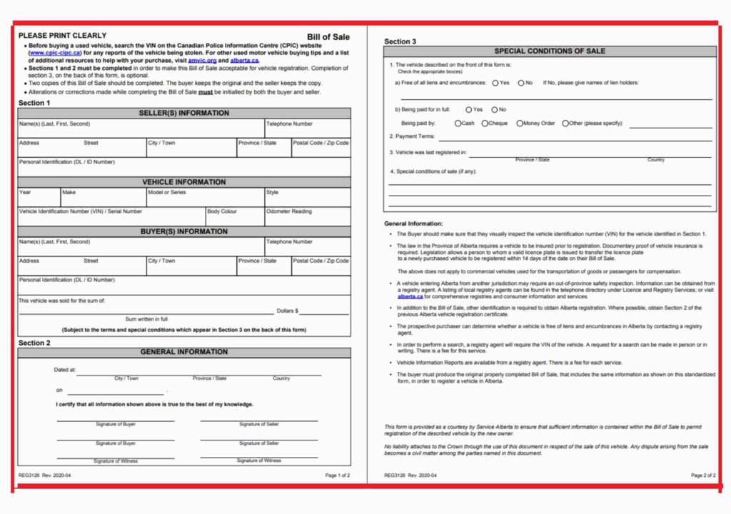 Alberta Bill Of Sale