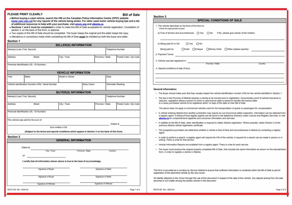 Alberta Bill of Sale PDF